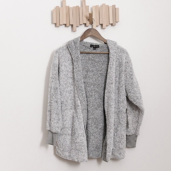 Almost Famous Sweaters - Almost Famous Womens Grey Fuzzy Hooded Open Front Cardigan Sweater Size S